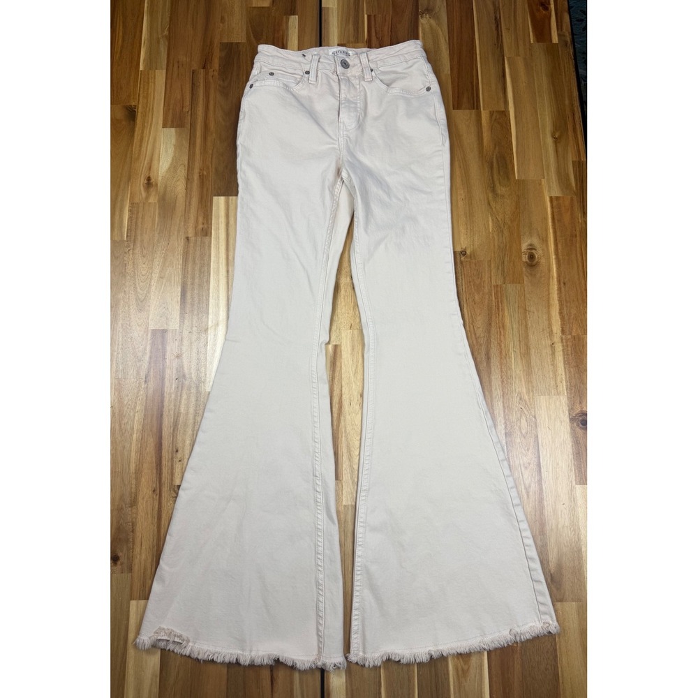 Shyanne Women Cream High Rise Flare Bell Bottom Frayed Hem Jeans 27W x 34L